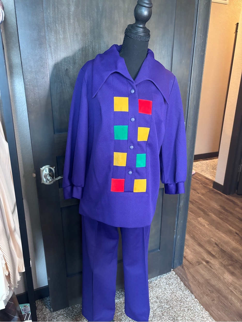 Purple Women’s 1970s Vintage Set with Colorful Square Accents